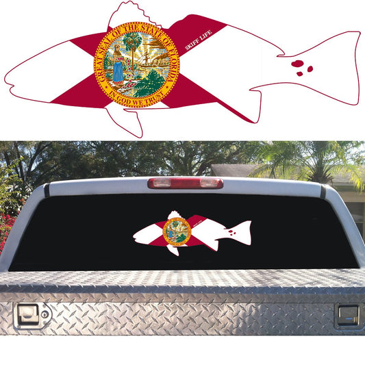 Redfish Outline with Florida Flag Decal Fish Sticker 10"X4" - Skiff Life