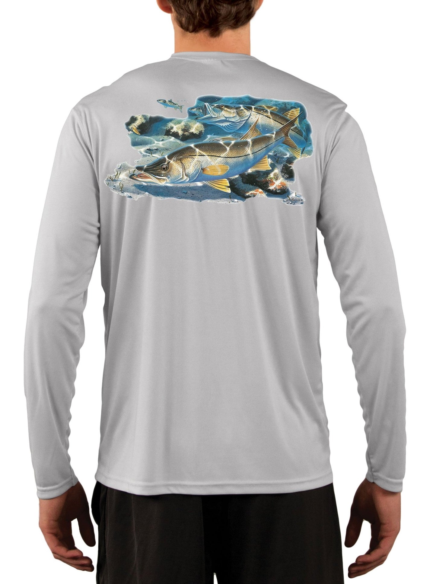 Snook Fishing Shirt Along the Jetty with Optional Sleeve: Florida Flag or Snook Scale - Skiff Life