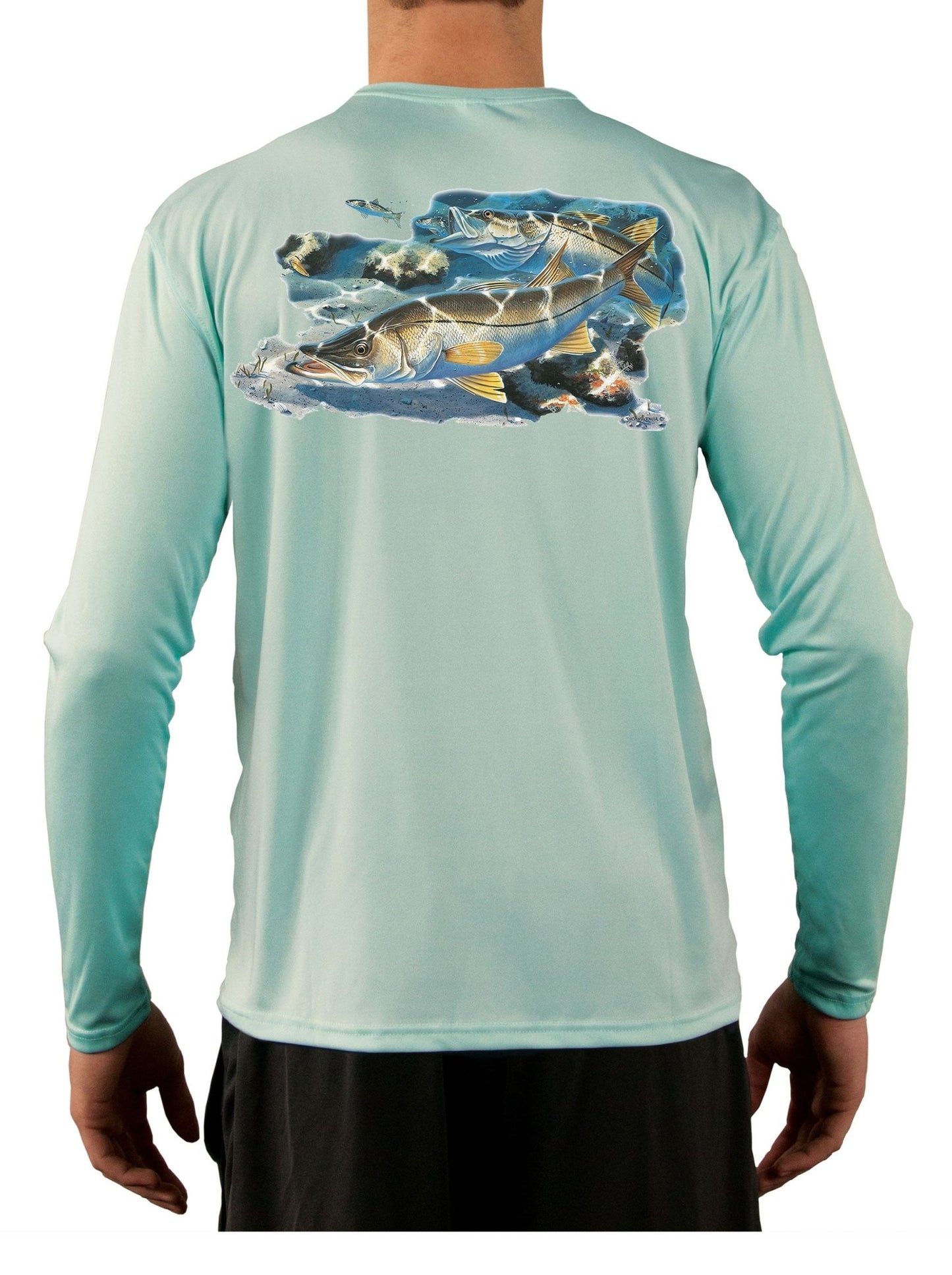 Snook Fishing Shirt Along the Jetty with Optional Sleeve: Florida Flag or Snook Scale - Skiff Life