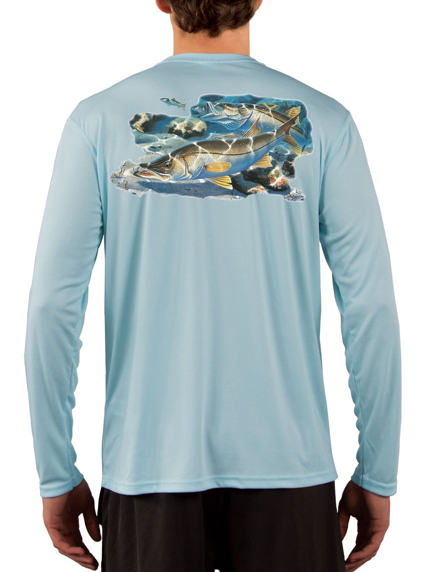 Snook Fishing Shirt Along the Jetty with Optional Sleeve: Florida Flag or Snook Scale - Skiff Life