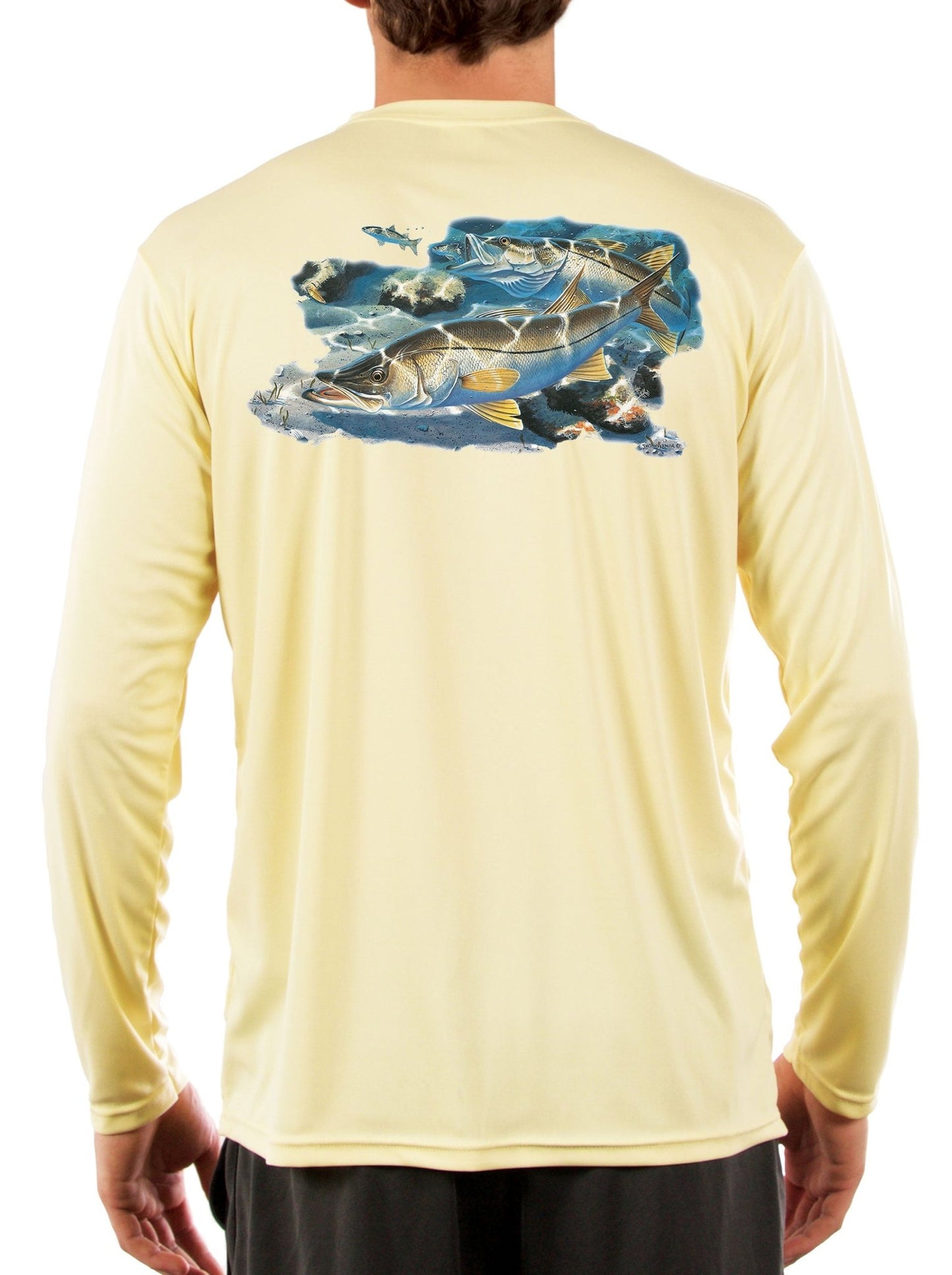 Snook Fishing Shirt Along the Jetty with Optional Sleeve: Florida Flag or Snook Scale - Skiff Life