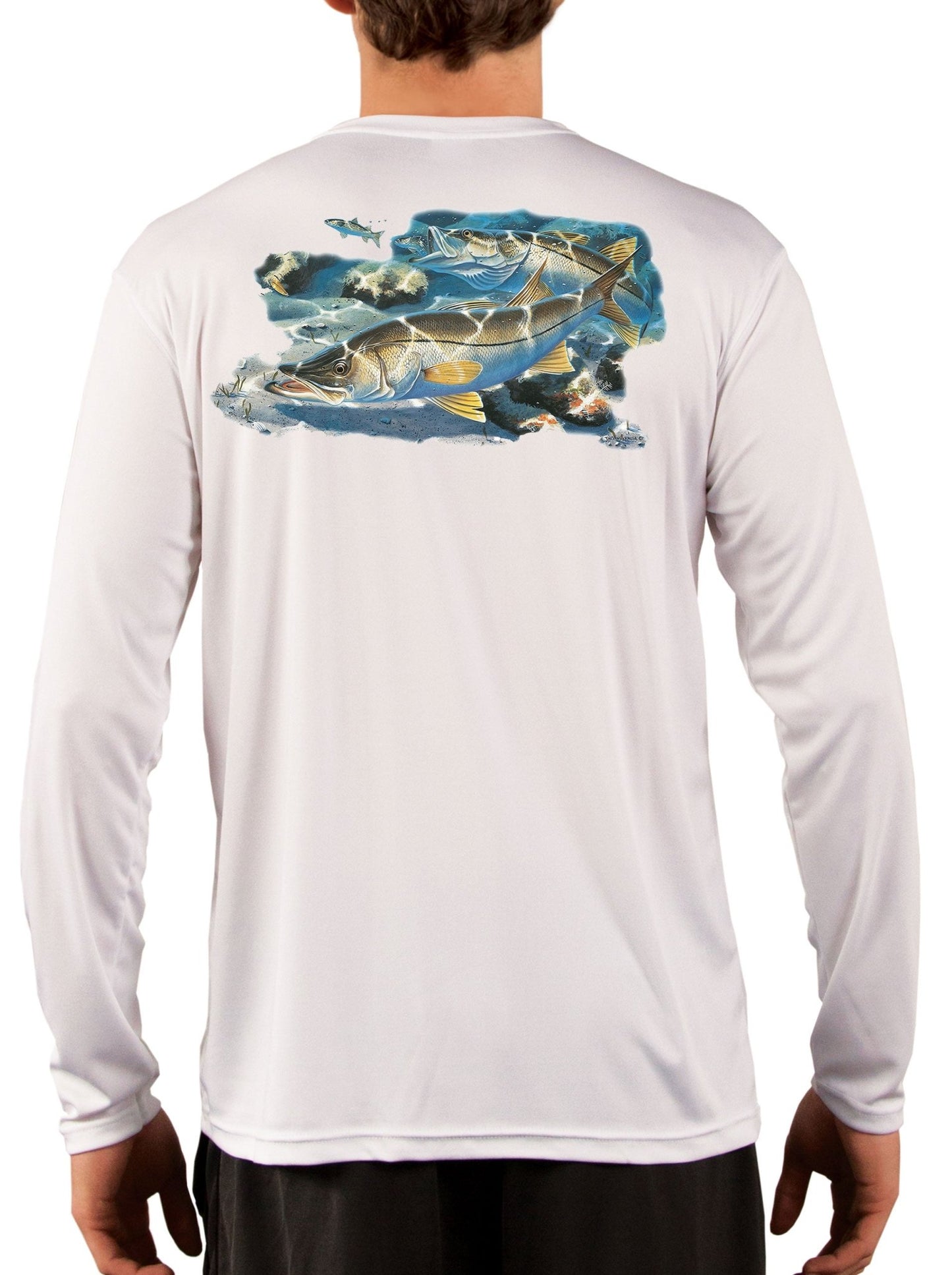 Snook Fishing Shirt Along the Jetty with Optional Sleeve: Florida Flag or Snook Scale - Skiff Life