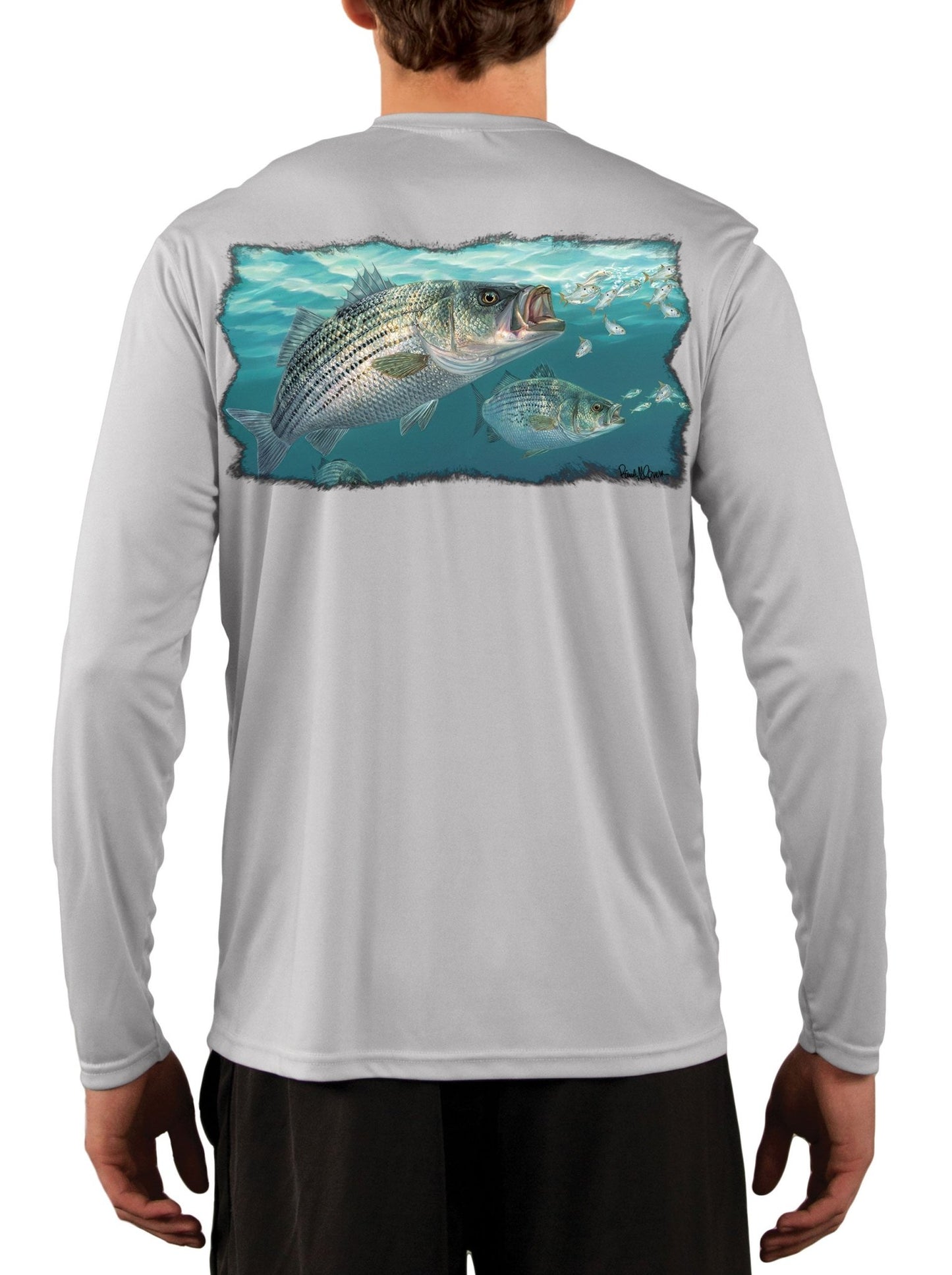 Striped Bass Fishing Shirts with Baitfish by Artist Randy McGovern - Skiff Life