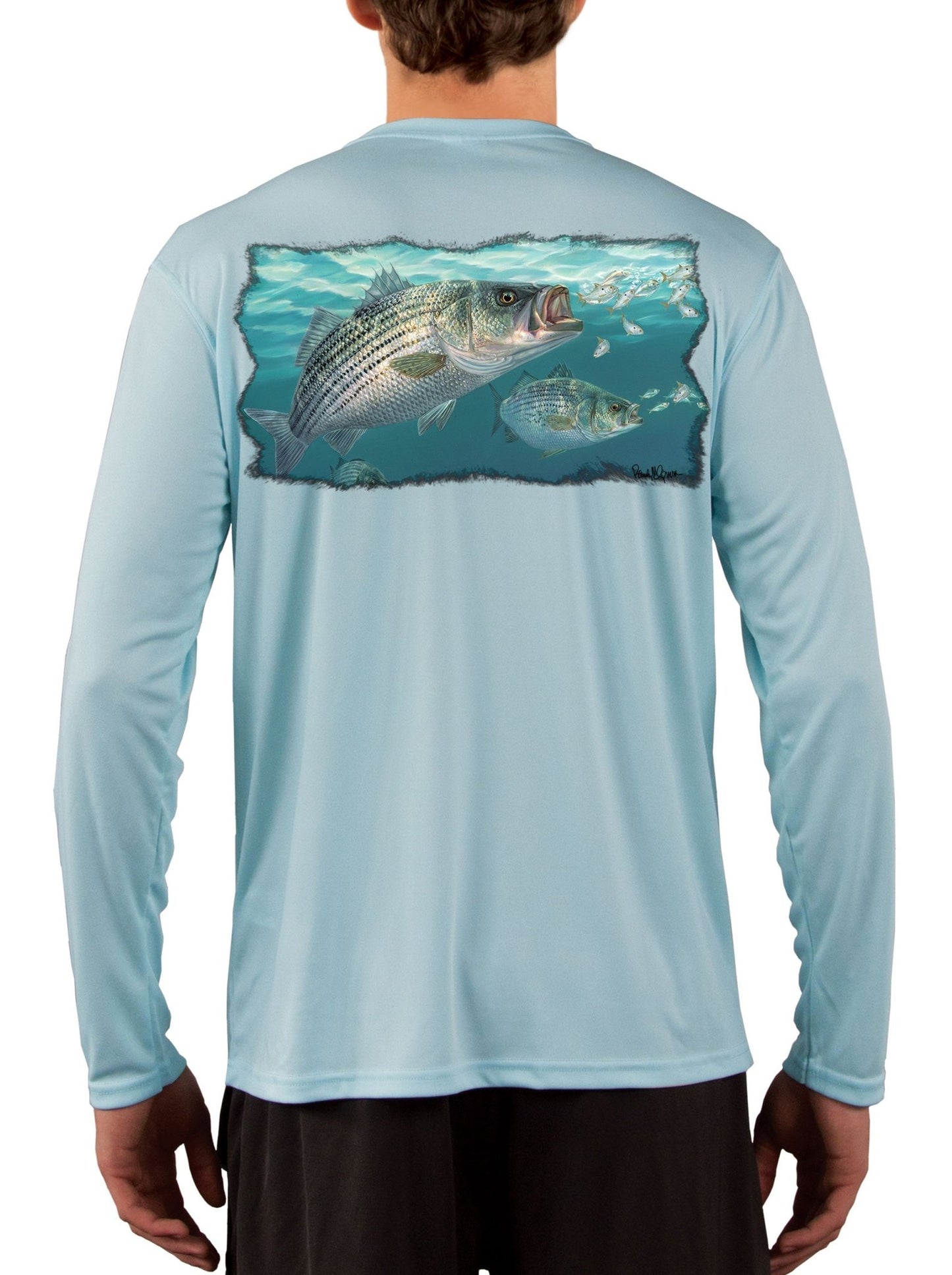 Striped Bass Fishing Shirts with Baitfish by Artist Randy McGovern - Skiff Life