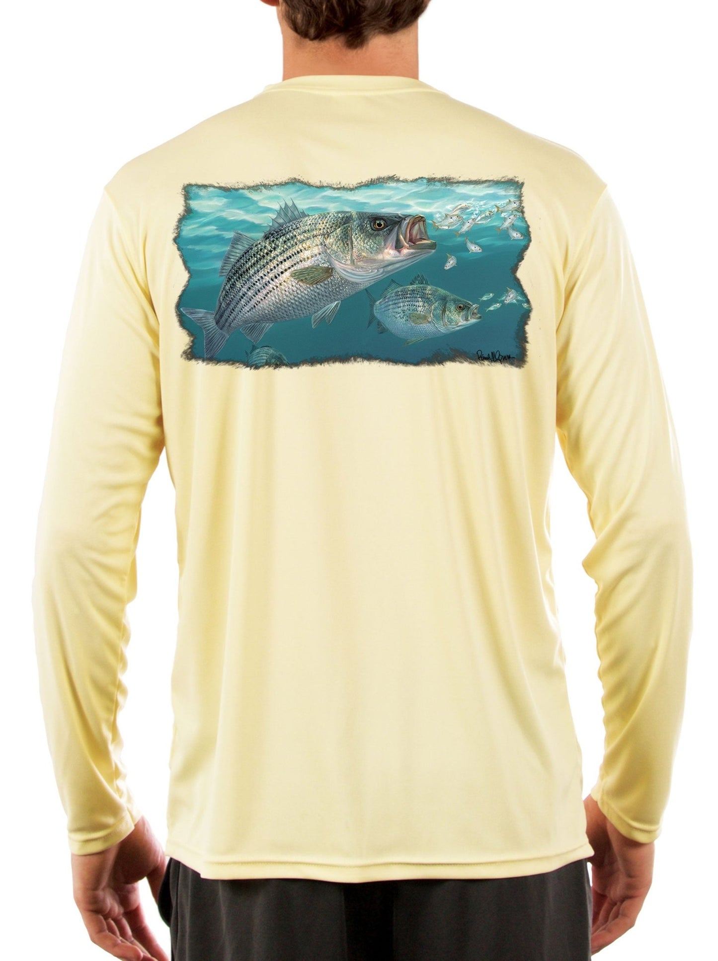 Striped Bass Fishing Shirts with Baitfish by Artist Randy McGovern - Skiff Life