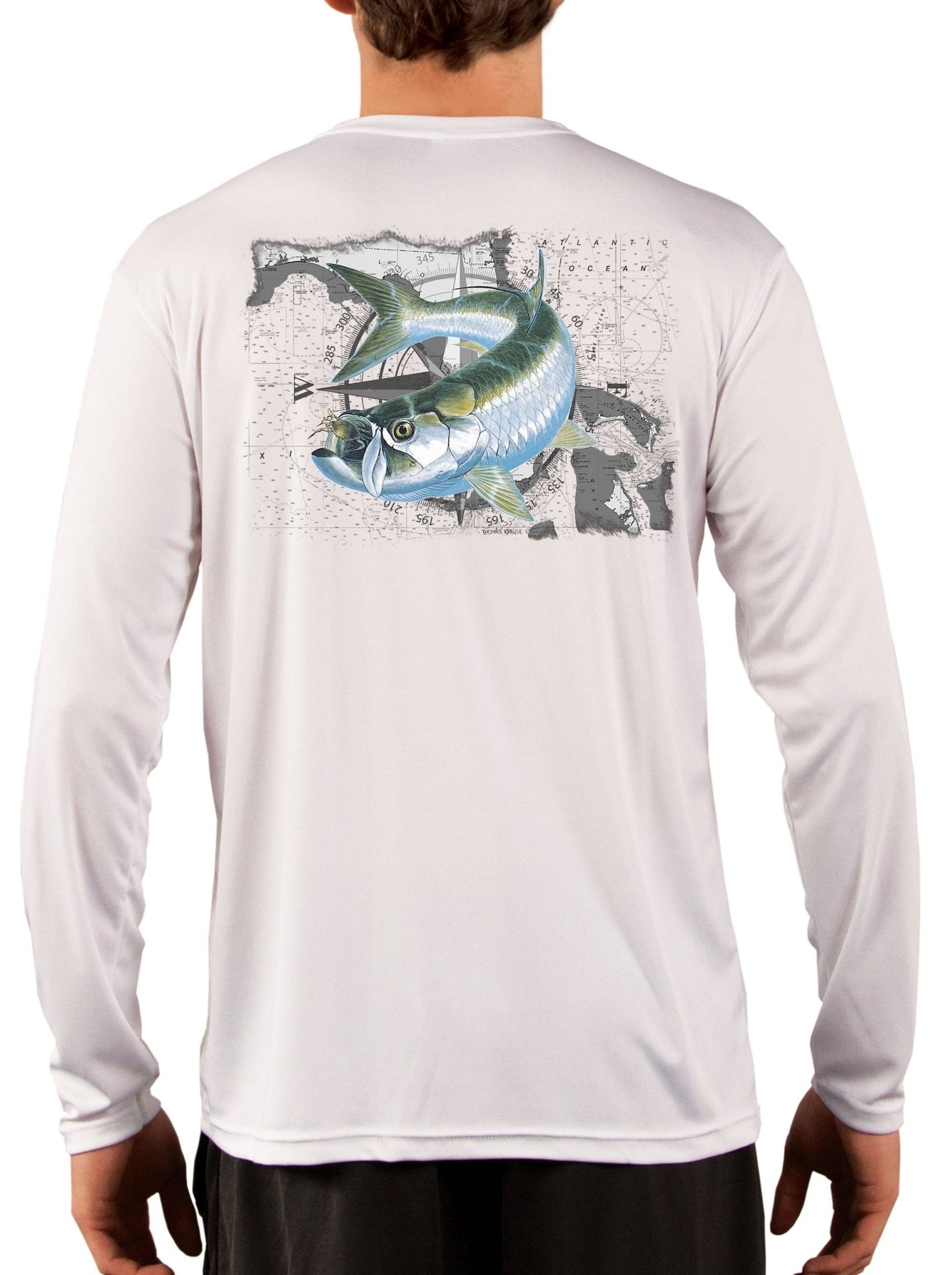 Tarpon Crab Compass over Florida Map Long Sleeve Men's Fishing Shirt - Skiff Life