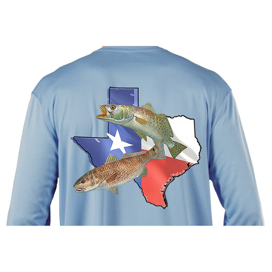 Texas Redfish & Trout Fishing Shirt with Texas State Flag Sleeve - Skiff Life