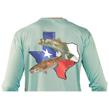 Texas Redfish & Trout Fishing Shirt with Texas State Flag Sleeve - Skiff Life