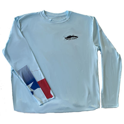 Texas Redfish & Trout Fishing Shirt with Texas State Flag Sleeve - Skiff Life