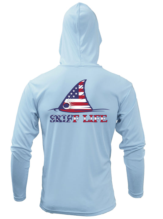 USA Flag Redfish Fishing Hoodie Red Drum American Flag Sleeve by Skiff Life