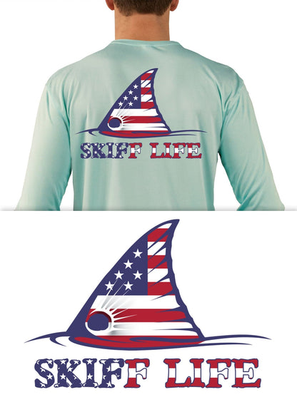 USA Flag Redfish Fishing Shirt Red Drum American Flag Sleeve by Skiff Life - Skiff Life