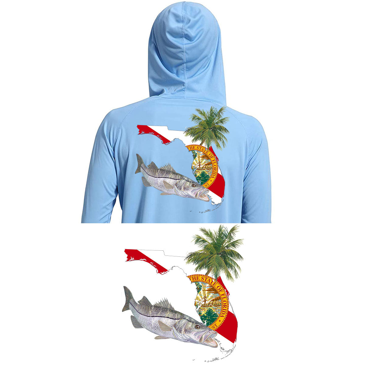 Hoodie Snook Florida Fishing Shirt Optional Florida Flag Sleeve Small / Ice Blue
