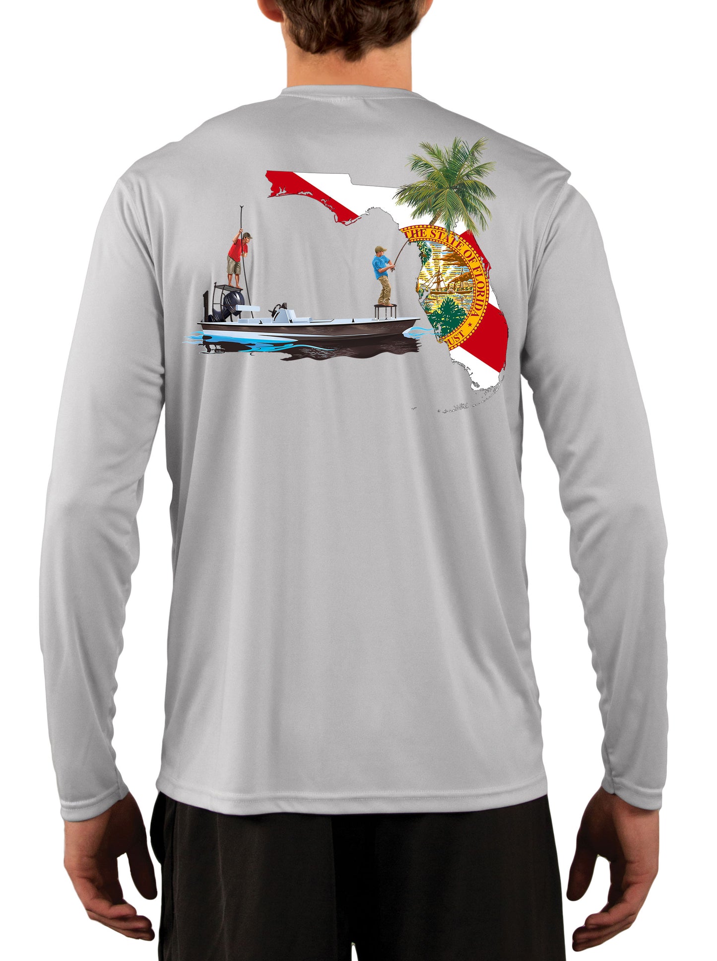 [New Artwork} Poling Skiff with Louisiana State Flag Fishing Shirts for Men  Small/Ice Blue