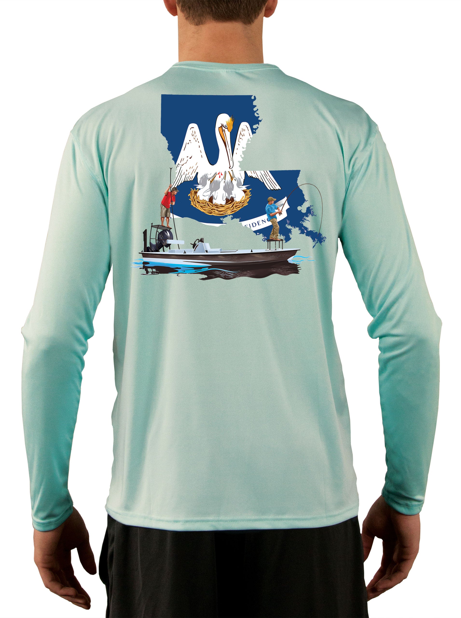 Poling Skiff with Louisiana State Flag Fishing Shirts for Men 4XL / Seagrass