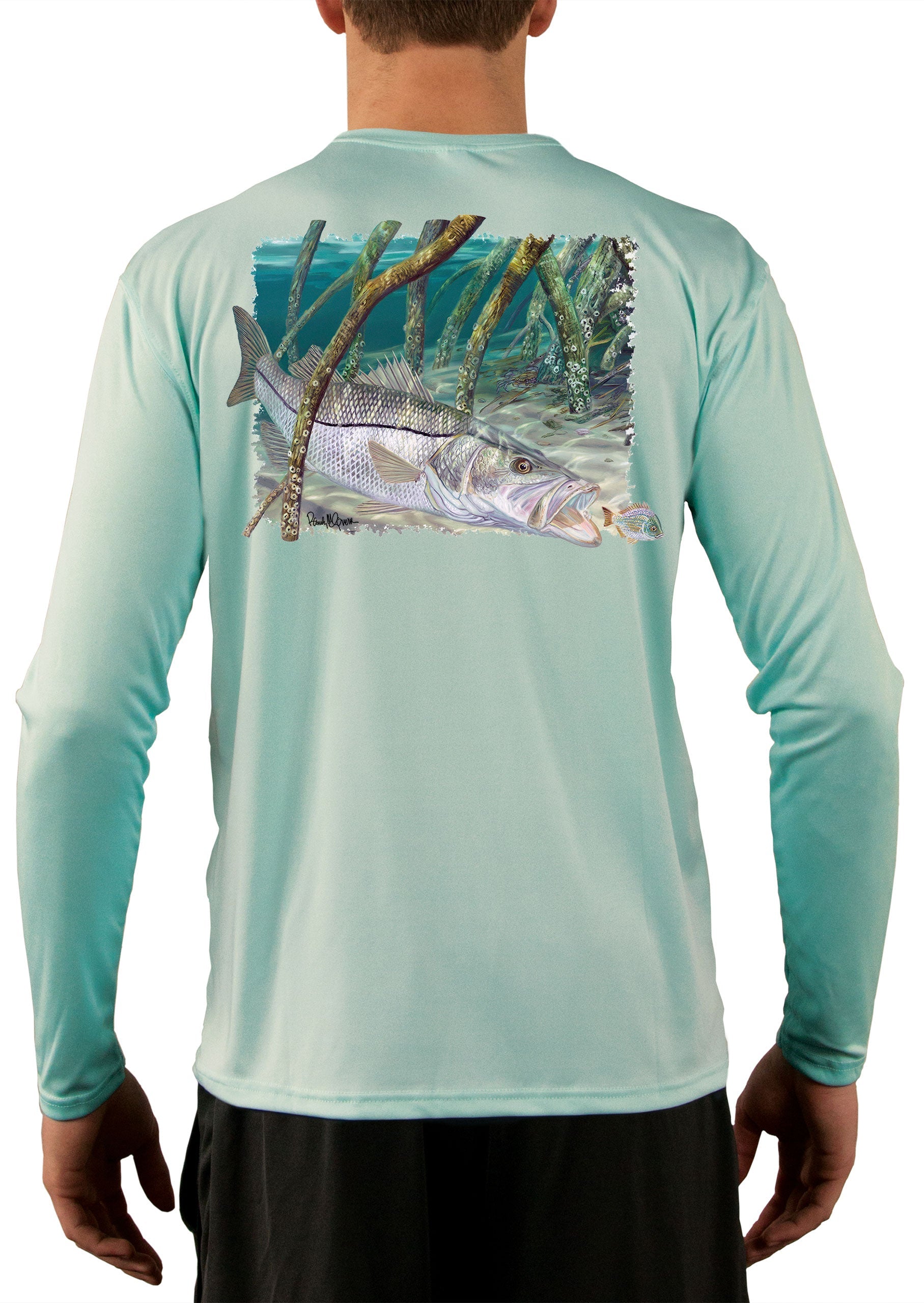 [New Artwork] Fishing Shirts for Men Snook Fish in Mangroves with Snook Scale Sleeve by Award Winning Artist Randy McGovern Seagrass / 3XL