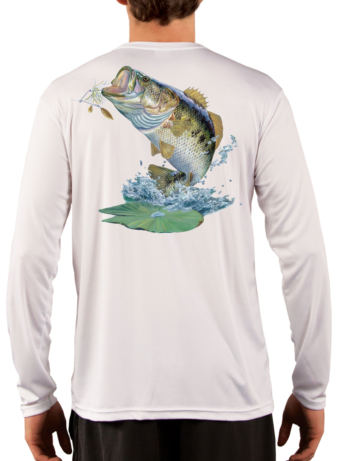 Large Mouth Bass Men's Fishing Shirt Rude Awakening Long Sleeve, Moisture Wicking Fabric, Non-fading Print, 50+ UPF Fabric for UV Protection White /